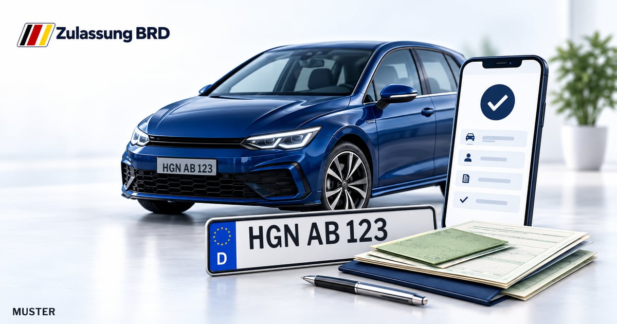 Online Fahrzeugzulassung in Hagenow: Musterkennzeichen HGN AB 123, Auto und Fahrzeugpapiere und Smartphone. Illustration mit Logo von Zulassung BRD.
